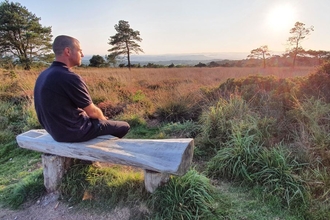Man sits on bench overlooking heathland