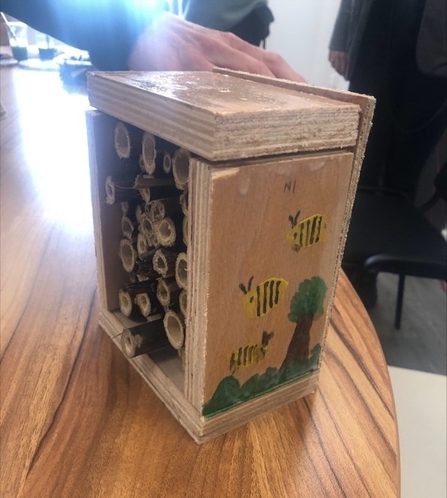 A photo of a handmade bug hotel made of wood with small hollowed out sticks inside and paintings of bees and trees on the side