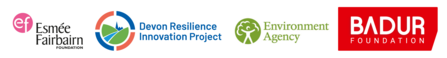 Logos for Esme Fairbairn Foundation, Devon Resilience Innovation Project, Environment Agency and BADUR