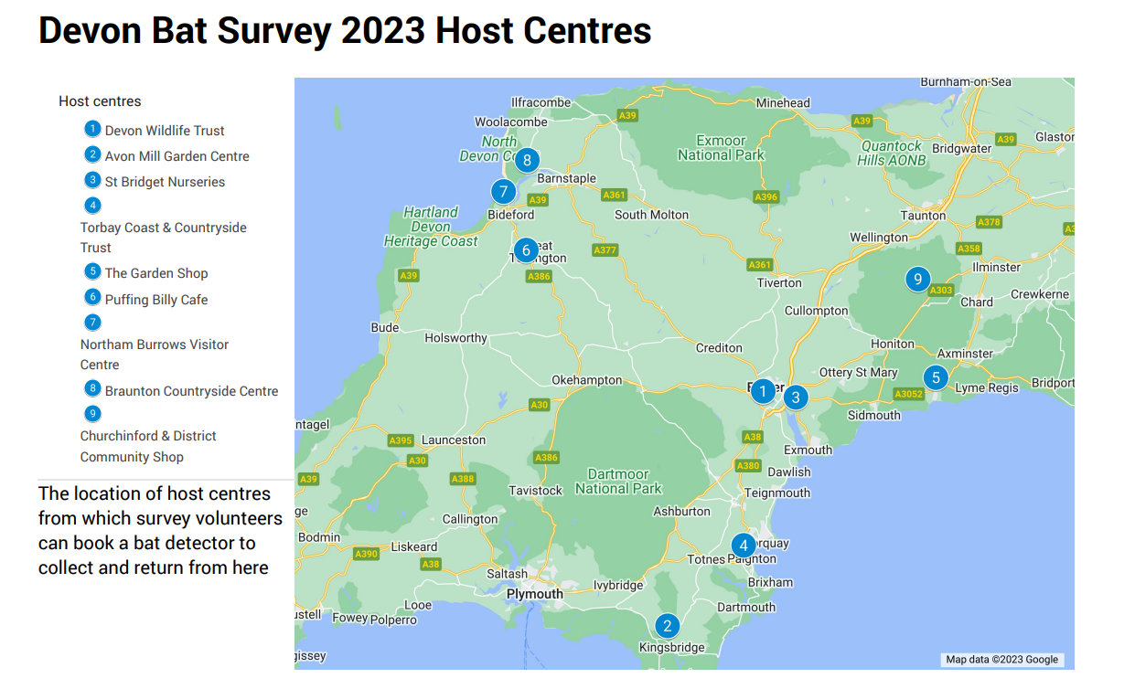 Map of Devon Bat Survey 2023 host centres