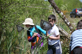 Children pond dipping in a lake at Meeth