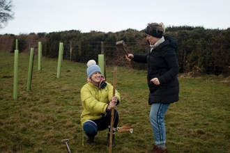 Two women making holes to plant trees