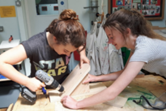 Two students making a bat box