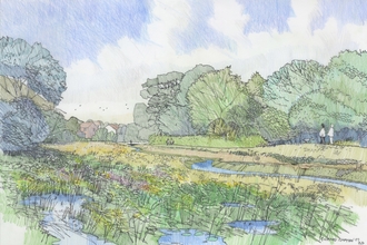 Illustration of wetland area in park, with trees either side and people walking alongside river
