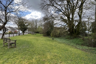 A grass area with some benches surrounded by trees