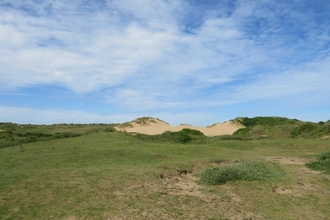 grassy, hilly, sand dunes with blue sky above