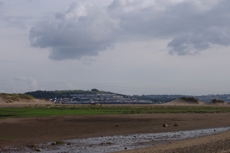A beach with dunes in the background