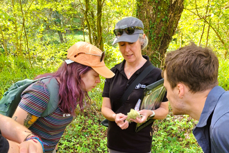 Lindsay showing a leaf with other staff watching and listening