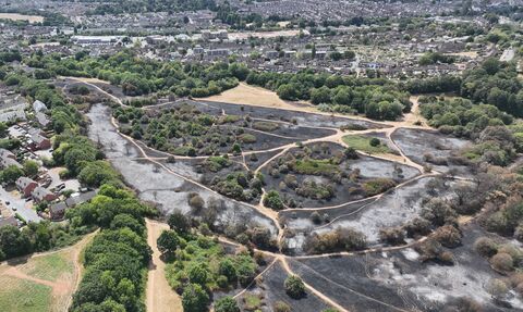 aerial shot of Mincinglake Valley Park, this hills blackened with ash and the line of footpaths carving through, with the houses close to the boundaries