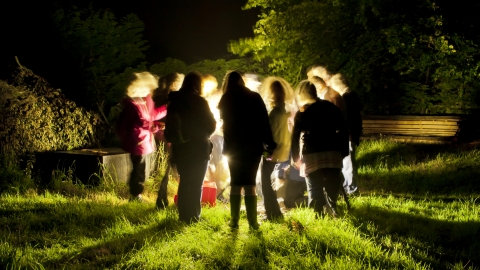 People looking at a moth trap in Okehampton