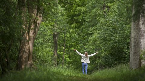 Woman loving wildlife in the woods