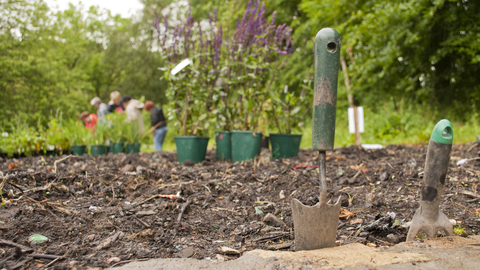 Gardening tools in the ground with flowers and a group of people in the distance