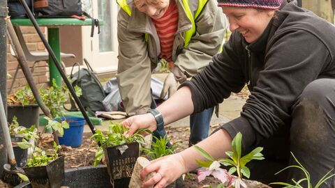 Two individuals smiling while handling potted plants.