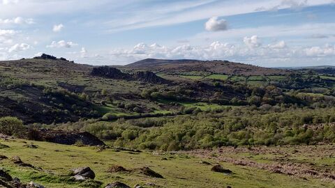 Landscape view of East Dartmoor with it's rolling green hills and farmland