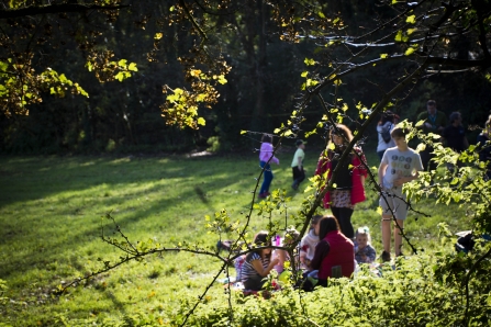 Families playing in a Plymouth green space as part of an Active Neighbourhoods event