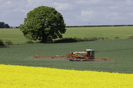 Tractor spraying pesticide over field