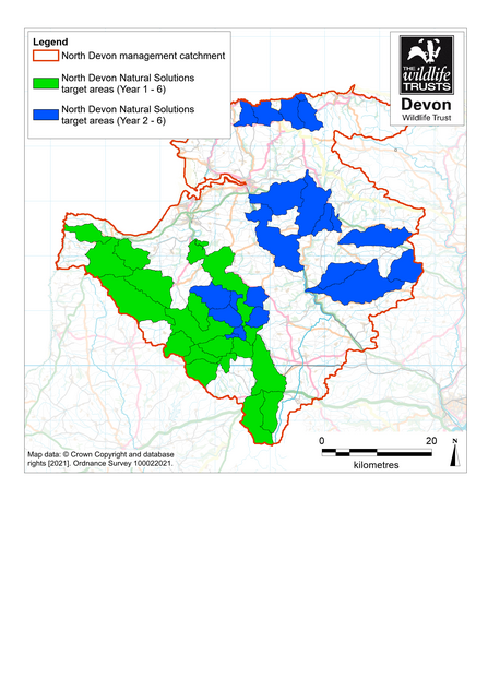 Map of northern Devon showing areas the Natural Solutions project will be working in: Torridge catchment and Abbey River from year one, plus Taw catchment and Heddon River from year two