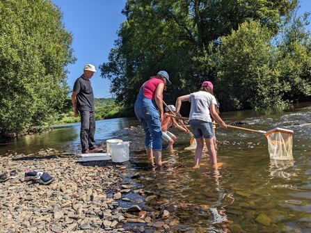 Family dipping nets into a river