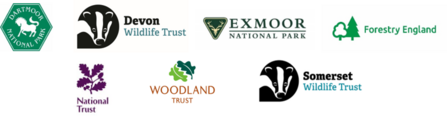 Logos for Dartmoor National Park, Devon Wildlife Trust, Exmoor National Park, Forestry England, National Trust, Woodland Trust, Somerset Wildlife Trust