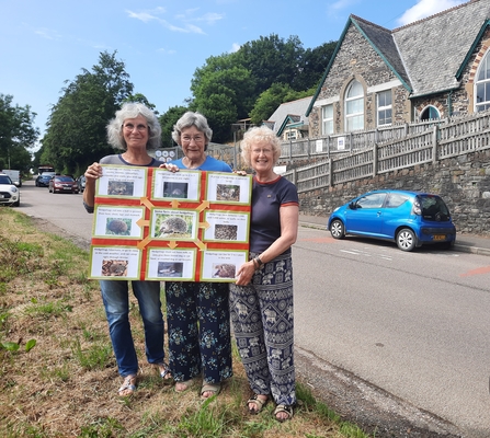 Three members of Landkey Hedgehog Group holding their information board of hedgehogs