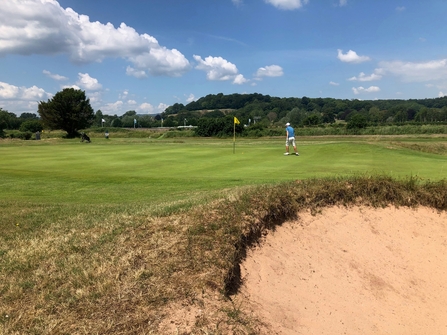 golf players on the Dawlish Warren golf course, sand dune and forefront, flag in center