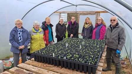 8 volunteers standing proudly around their young trees in individual pots