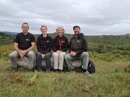 The four members for the Saving Devon's Treescape team sat on a large log in the countryside, beaming at the camera.