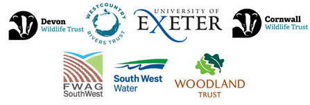 Logos for Devon Wildlife Trust, Westcountry Rivers Trust, University of Exeter, Cornwall Wildlife Trust, FWAG SouthWest, South West Water and the Woodland Trust