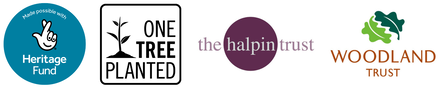 Logos for the Lottery Heritage Fund, One Tree Planted, The Halpin Trust, The Woodland Trust