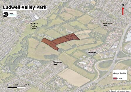 map of ludwell with two fields highlighted for the approximate cattle location