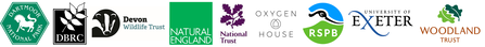 logos of Dartmoor National Park, DBRC, Devon Wildlife Trust, National Trust, Oxygen House, RSPB, Uni of Exeter and the Woodland Trust