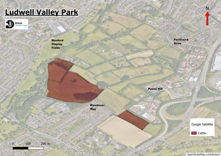 map of ludwell with two fields highlighted for the approximate cattle location