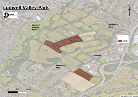 map of ludwell with two fields highlighted for the approximate cattle location
