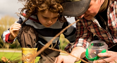 Child and adult looking at bug pot