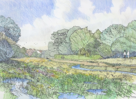 Illustration of wetland area in park, with trees either side and people walking alongside river